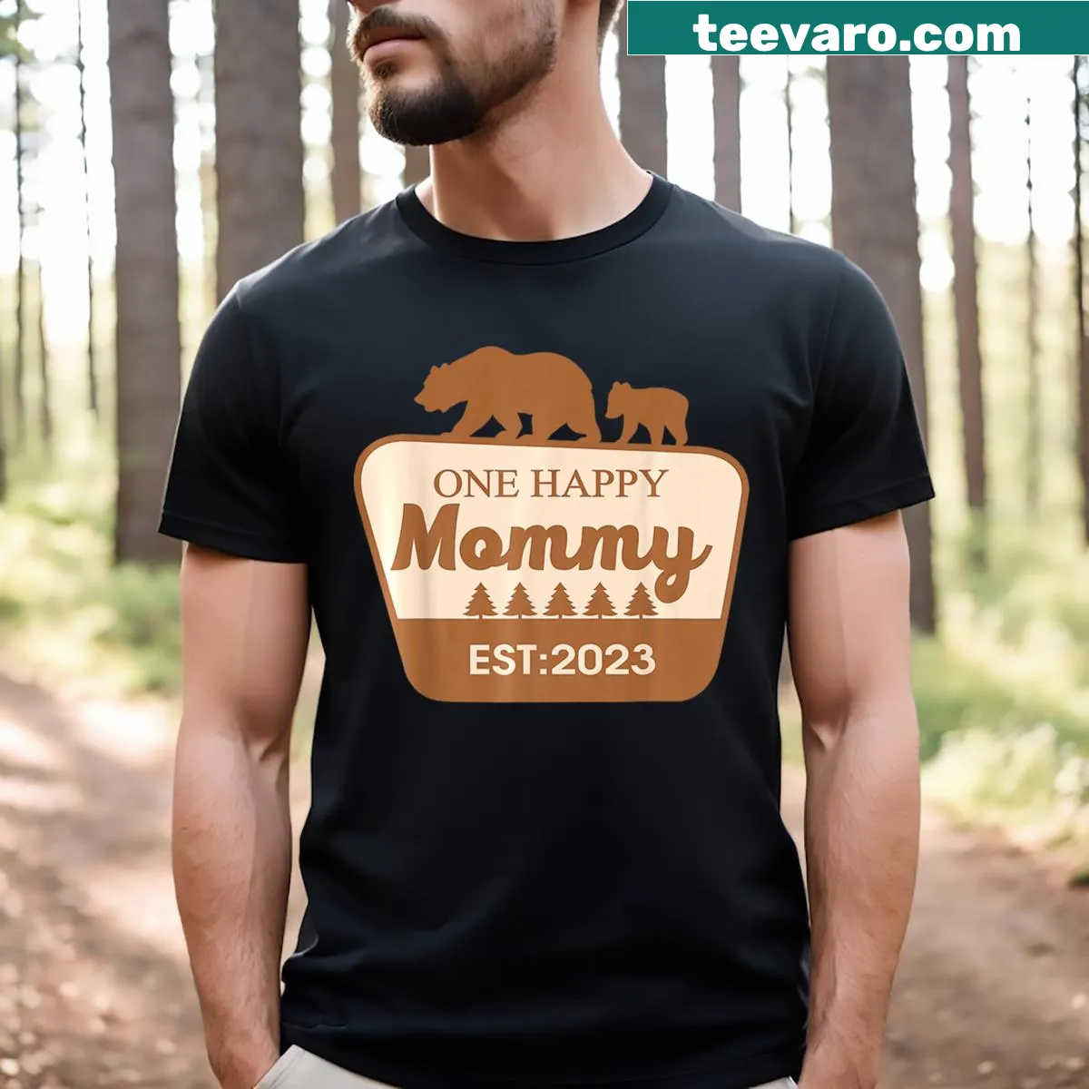 Text graphic stating 'One Happy Mommy Happy Camper' — on a men's t-shirt