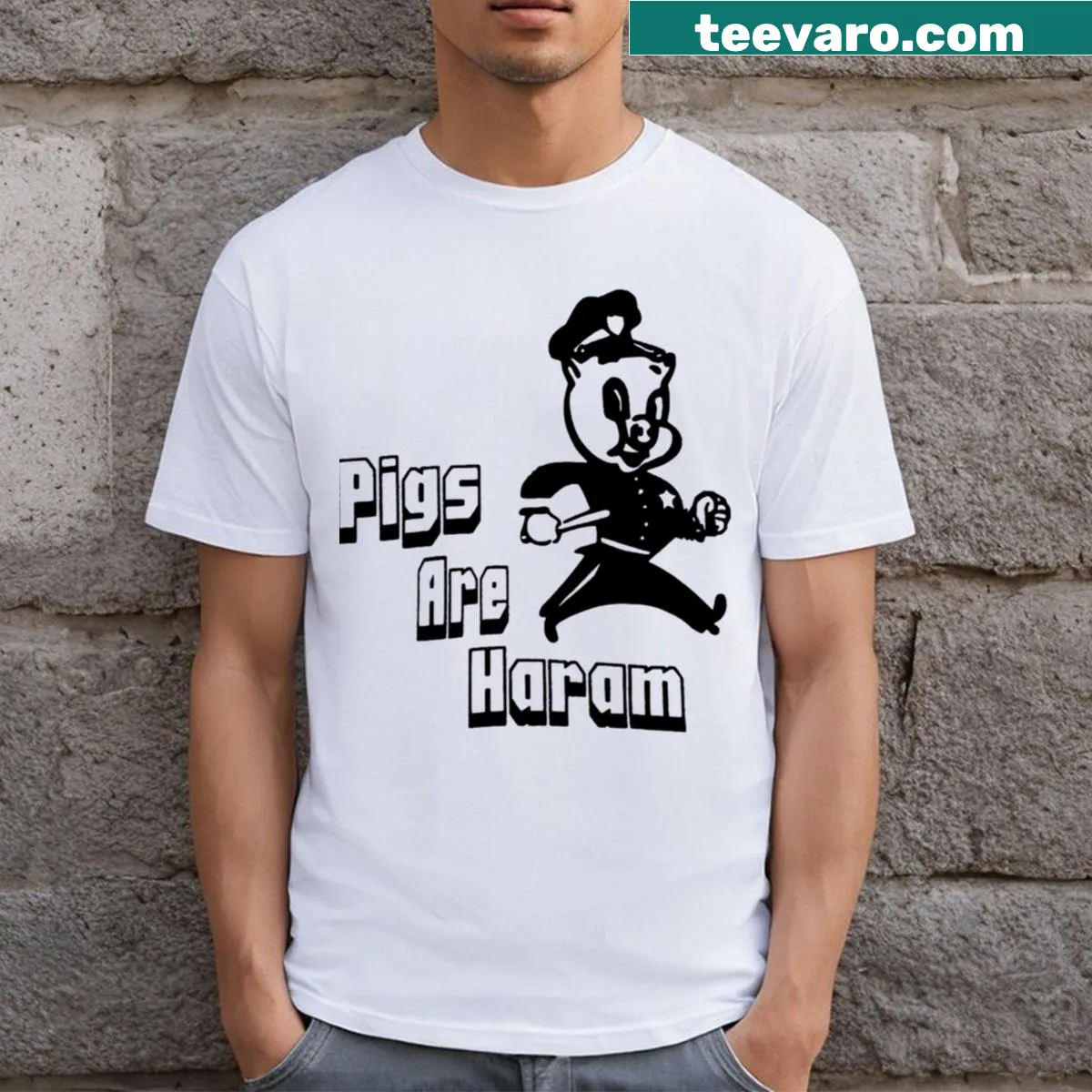 Humorous text tee stating 'Pigs Are Haram' — on a men's t-shirt