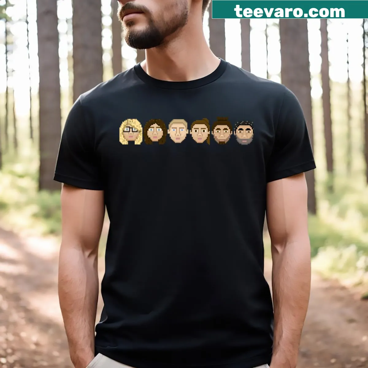 Pixel art characters on a fun gaming tee — on a men's t-shirt