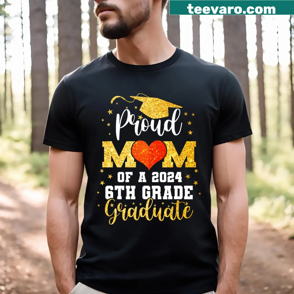 Graduation t-shirt for proud moms with 'Proud Mom Of A Class Of 2024 Graduate' text — on a men's t-shirt