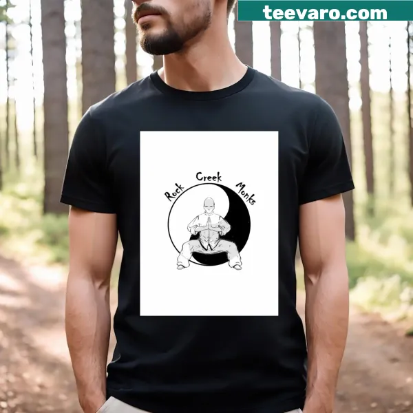 Whimsical graphic of monks by Rock Creek on a T-shirt