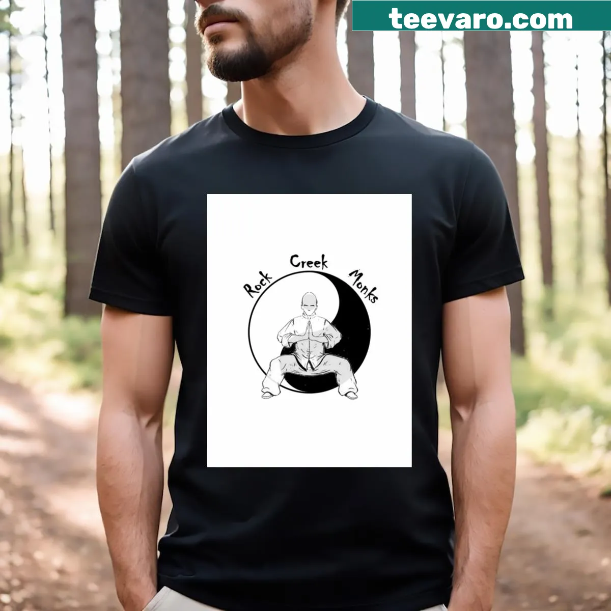 Whimsical graphic of monks by Rock Creek on a T-shirt — on a men's t-shirt