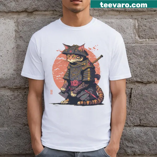 Illustration of a samurai cat with sword in a playful pose