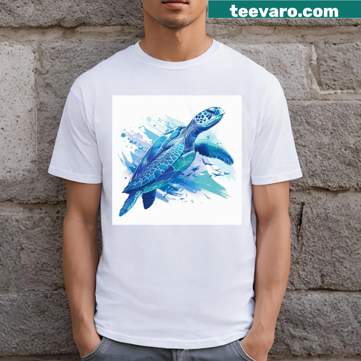 Watercolor design of a serene sea turtle swimming in the ocean — on a men's t-shirt
