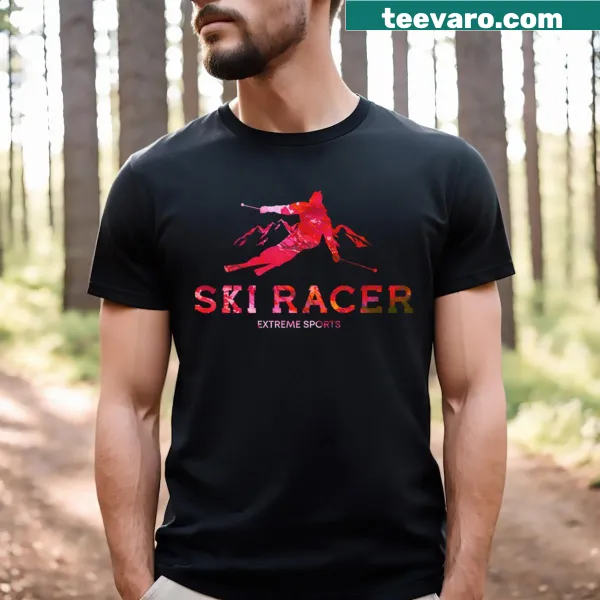 T-shirt featuring dynamic graphics of ski racing