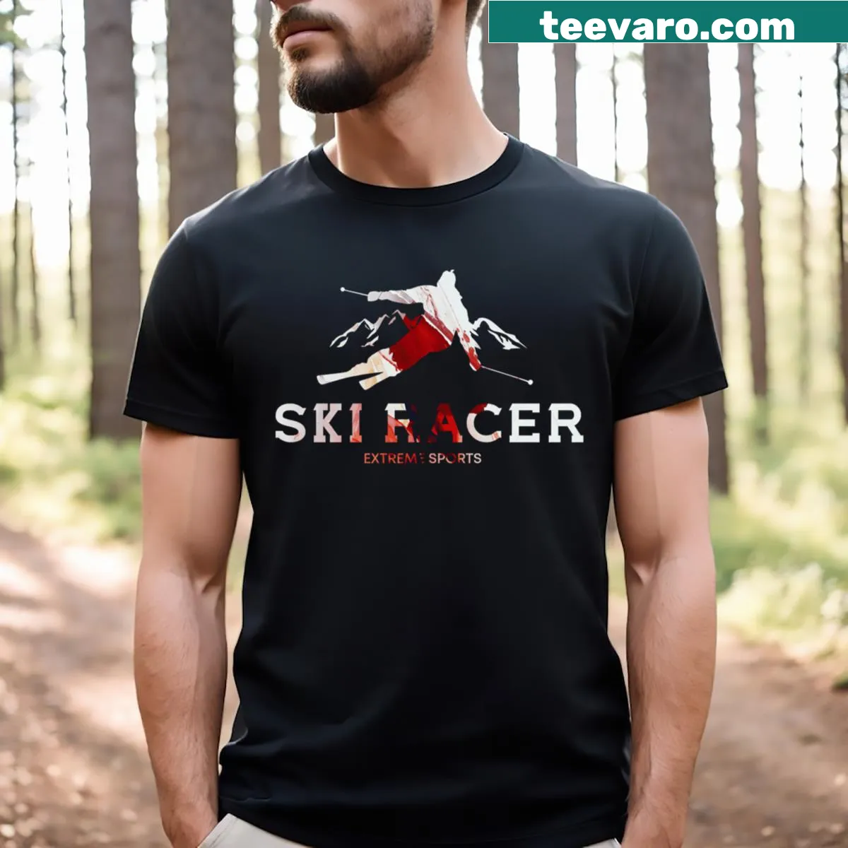 Watercolor ski racer T-shirt in white and red for winter sports fans — on a men's t-shirt