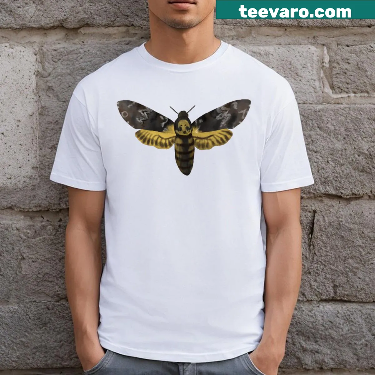 Illustrative T-shirt featuring a detailed skull hawkmoth design — on a men's t-shirt