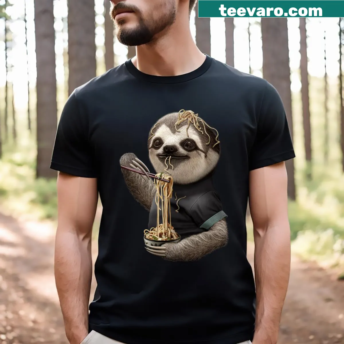 Cartoon sloth eating noodles on a t-shirt — on a men's t-shirt