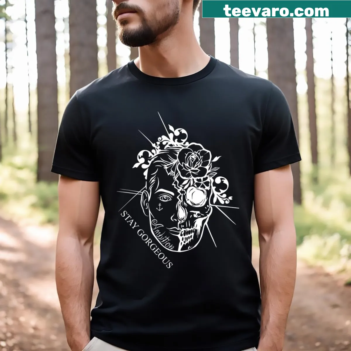 T-shirt featuring the uplifting phrase 'Stay Gorgeous.' — on a men's t-shirt