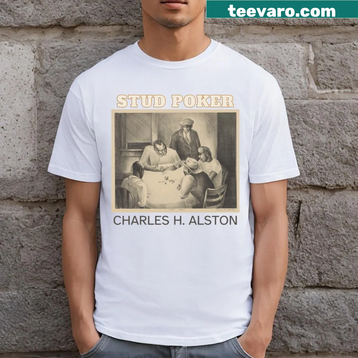 Illustrated Stud Poker t-shirt inspired by Charles Henry Alston. — on a men's t-shirt