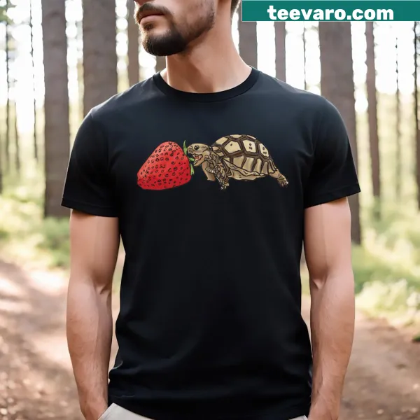 Playful illustration of a sulcata tortoise versus a strawberry graphic