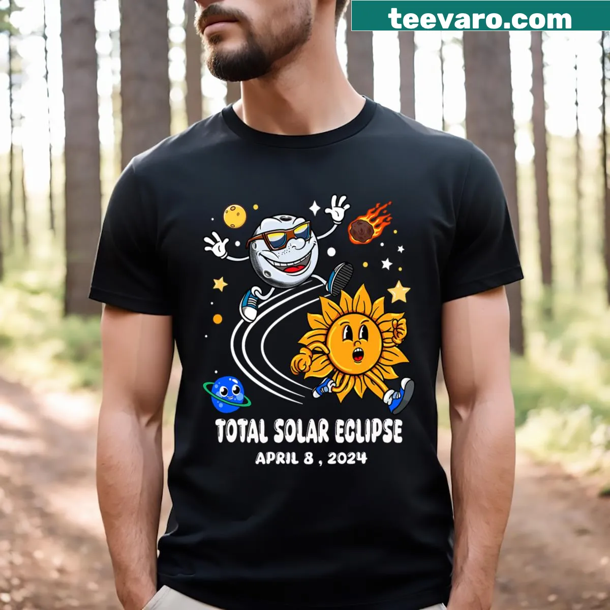 Illustration of sun and moon for the total solar eclipse t-shirt — on a men's t-shirt