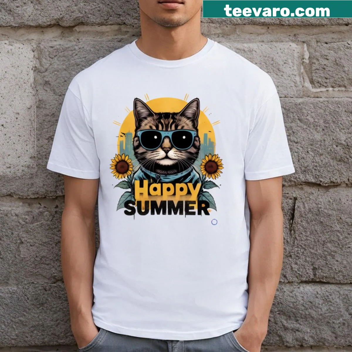 Cheerful summer t-shirt featuring a joyful sunshine illustration — on a men's t-shirt