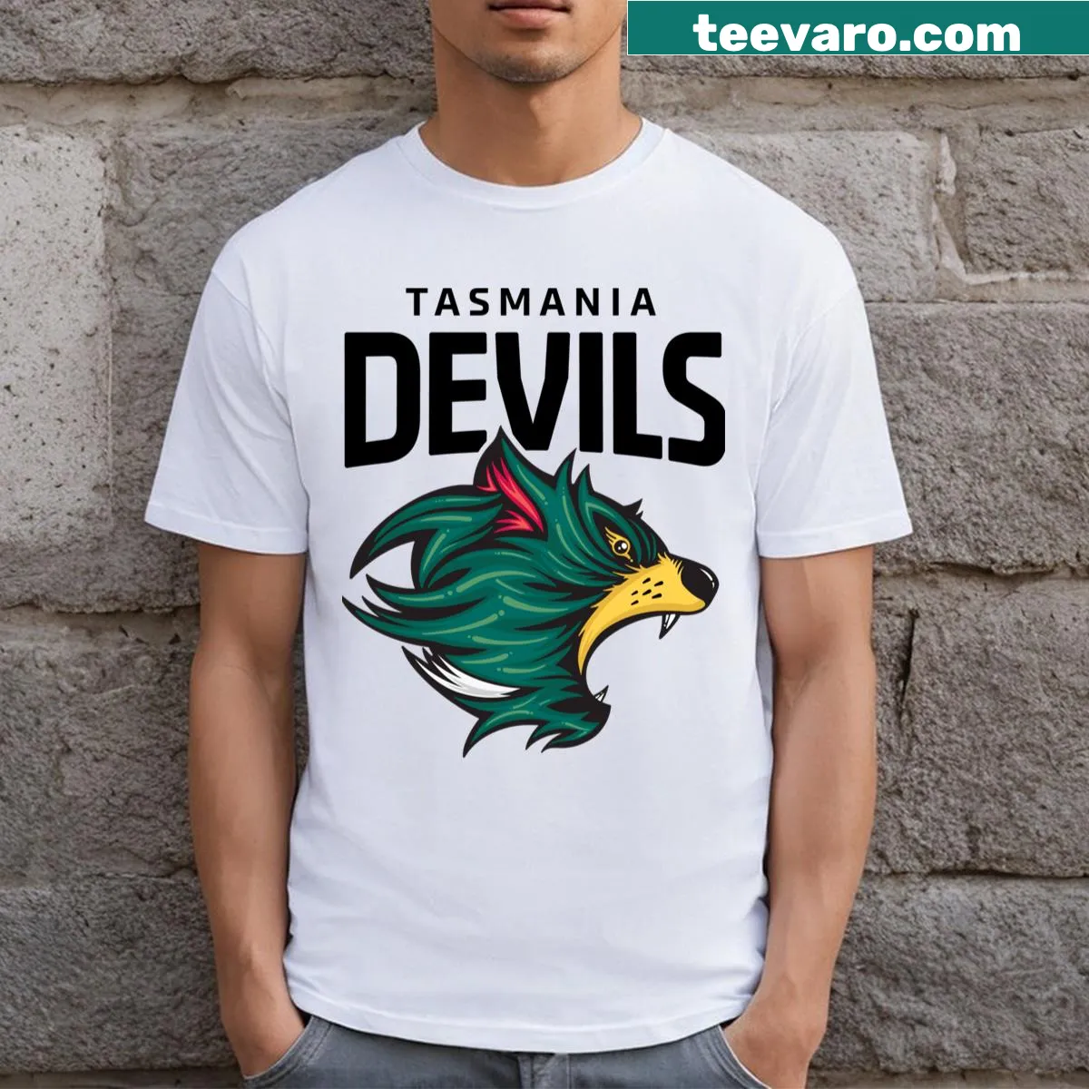 T-shirt with bold black lettering for Tasmania Devils Football Club fans. — on a men's t-shirt