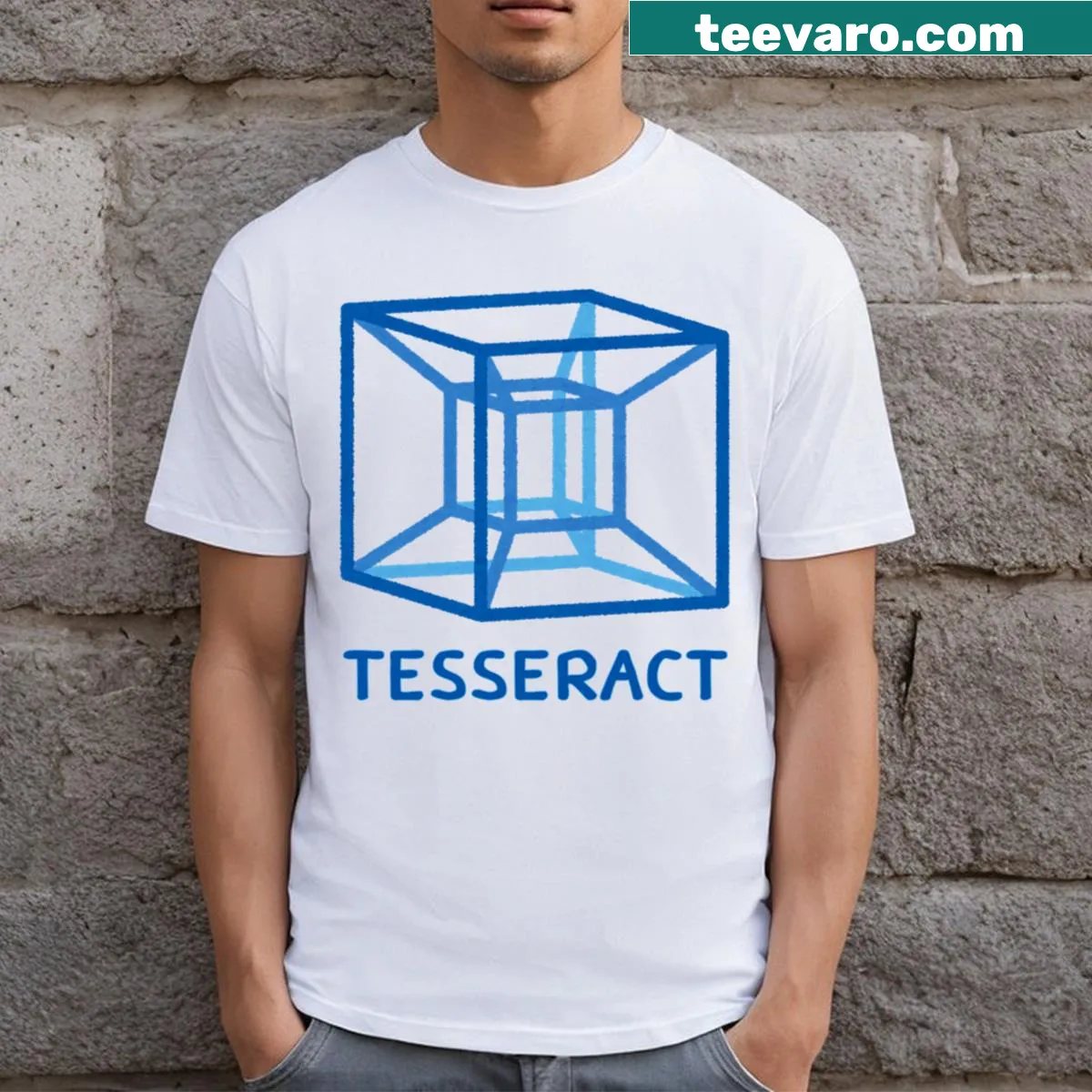 Illustration of a tesseract design on a graphic tee — on a men's t-shirt