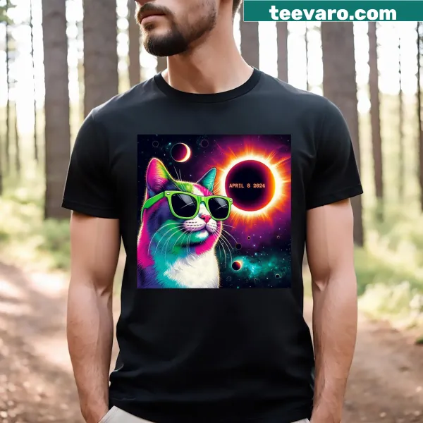 Funny T-shirt featuring a cat in glasses during a solar eclipse
