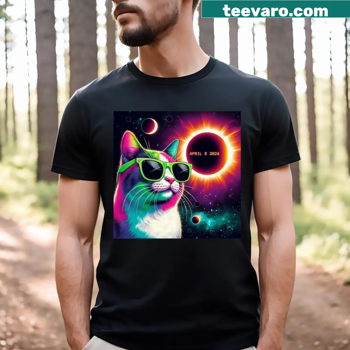 Funny T-shirt featuring a cat in glasses during a solar eclipse — on a men's t-shirt