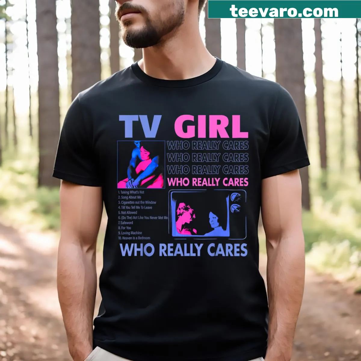 Nostalgic graphic tee for music lovers with 'Tv Girl Who Really Care' — on a men's t-shirt