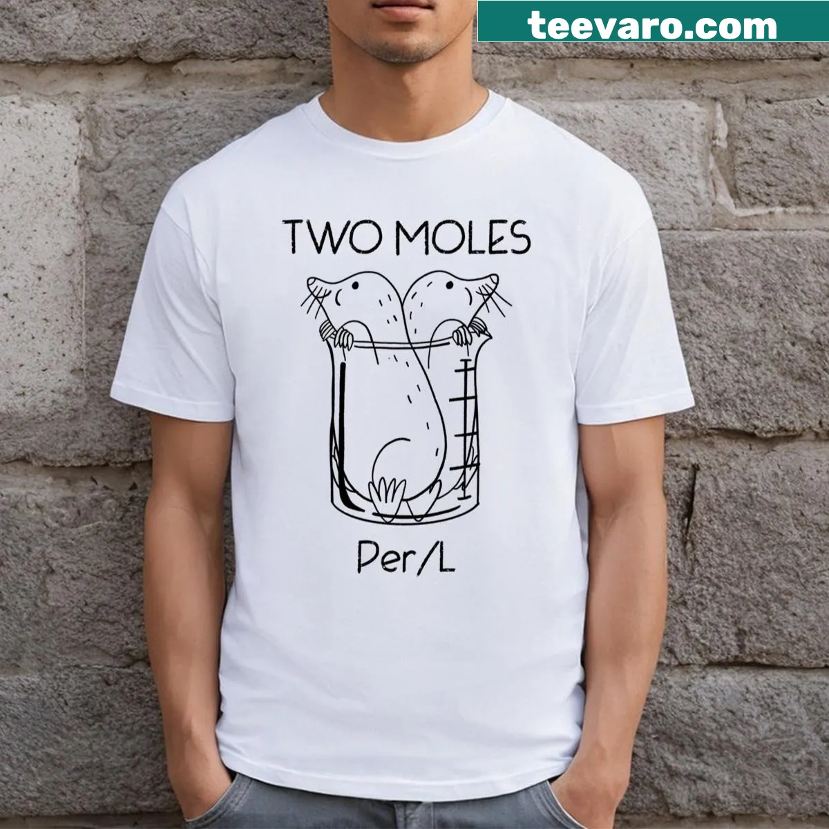 Fun tee featuring the phrase 'Two Moles Per Liter' for science lovers — on a men's t-shirt