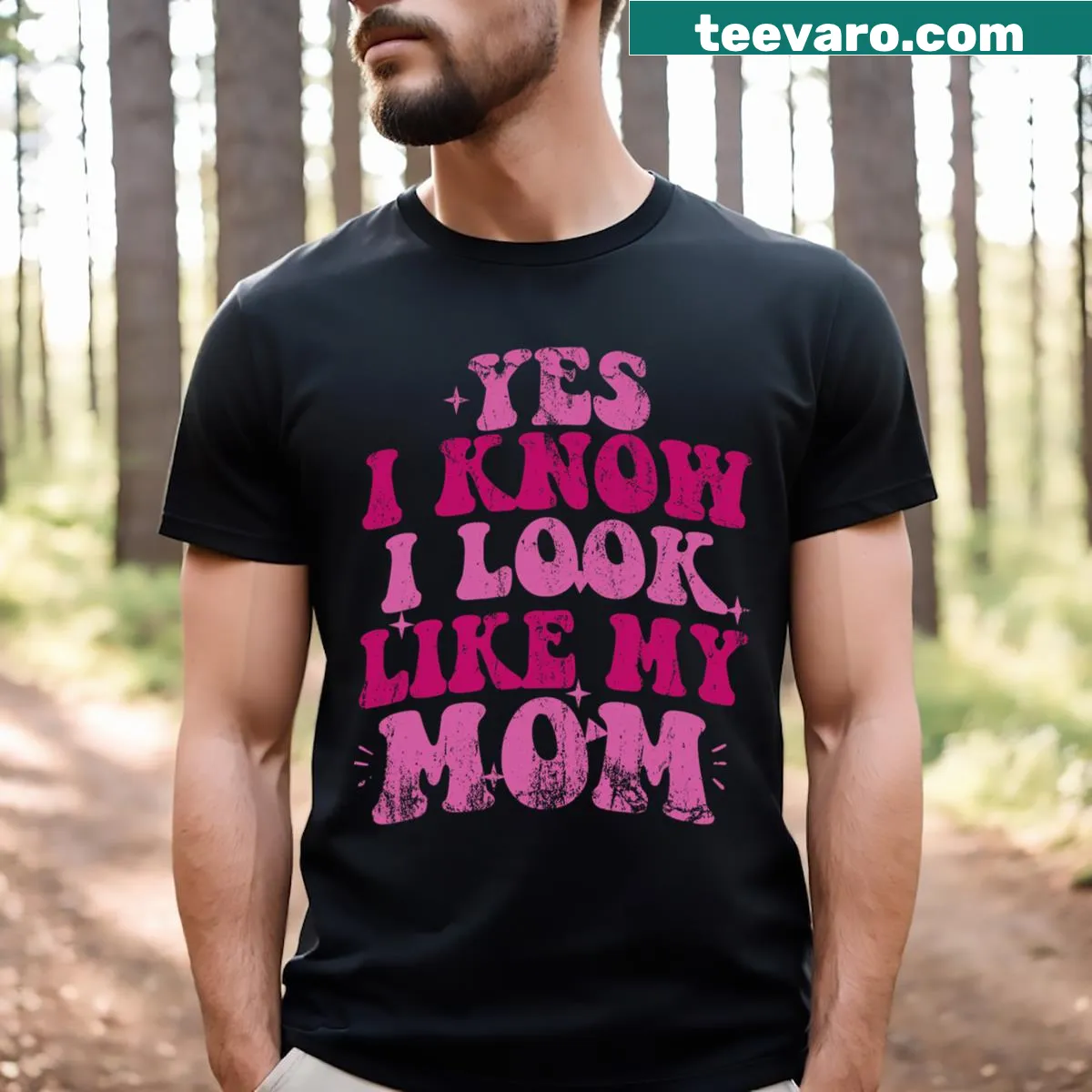 Funny T-shirt with text about looking like mom for Mother's Day. — on a men's t-shirt