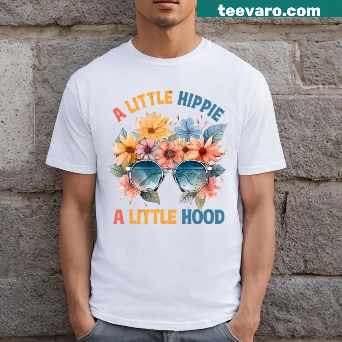 Charming cartoon graphic promoting a carefree hippie lifestyle. — on a men's t-shirt