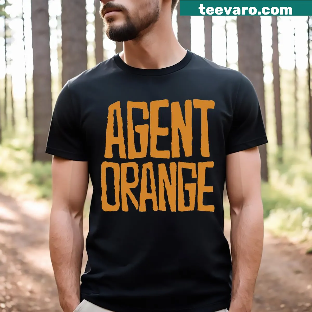 Minimalist silhouette of the Agent Orange logo on a T-shirt — on a men's t-shirt