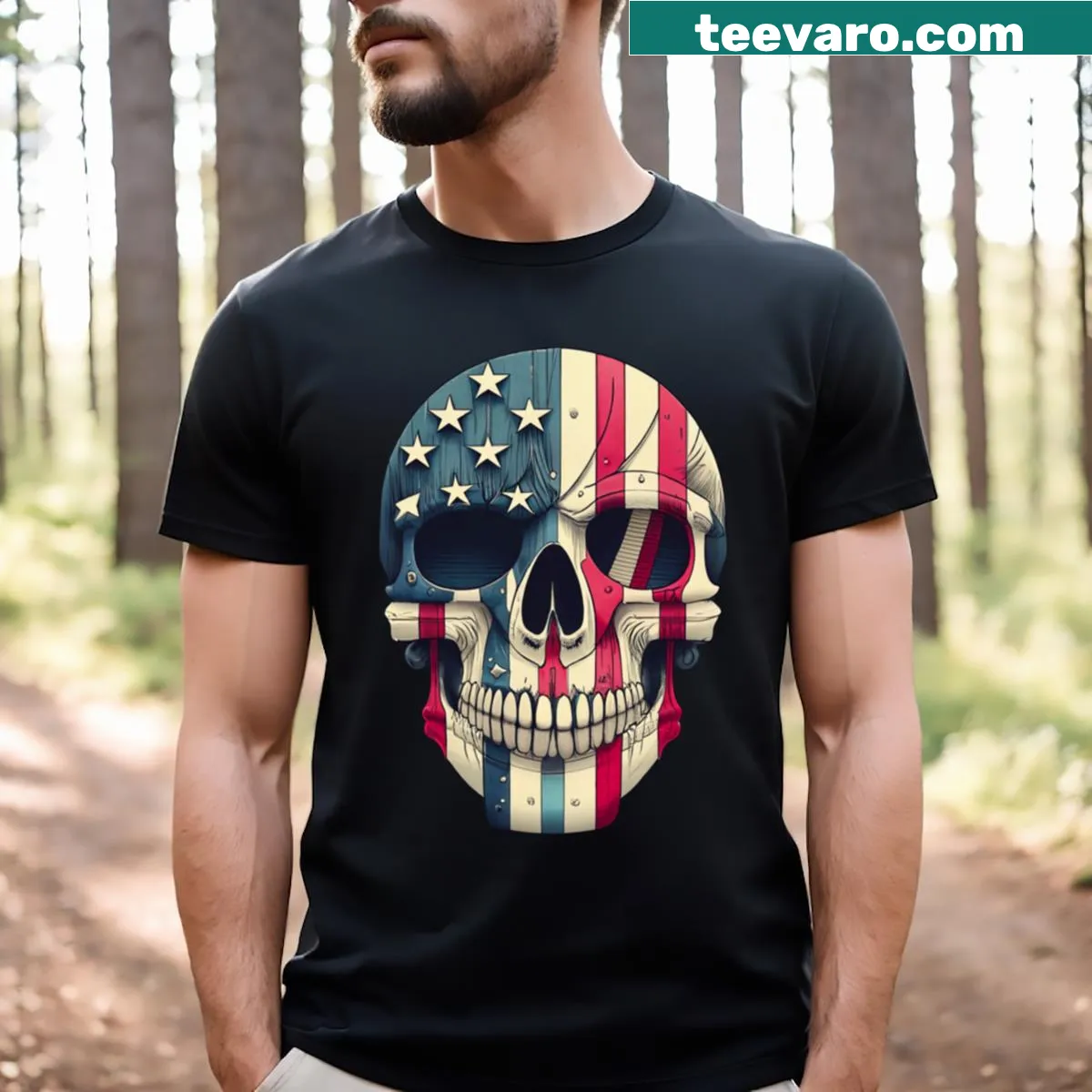 Bold skull graphic combined with the American flag on a T-shirt — on a men's t-shirt
