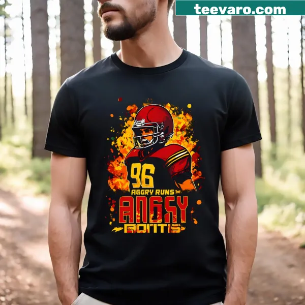 Playful typography t-shirt featuring 'Angry Runs' text for football fans