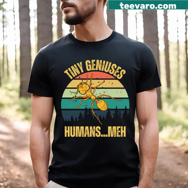 Retro T-shirt design featuring whimsical ants against a sunset.
