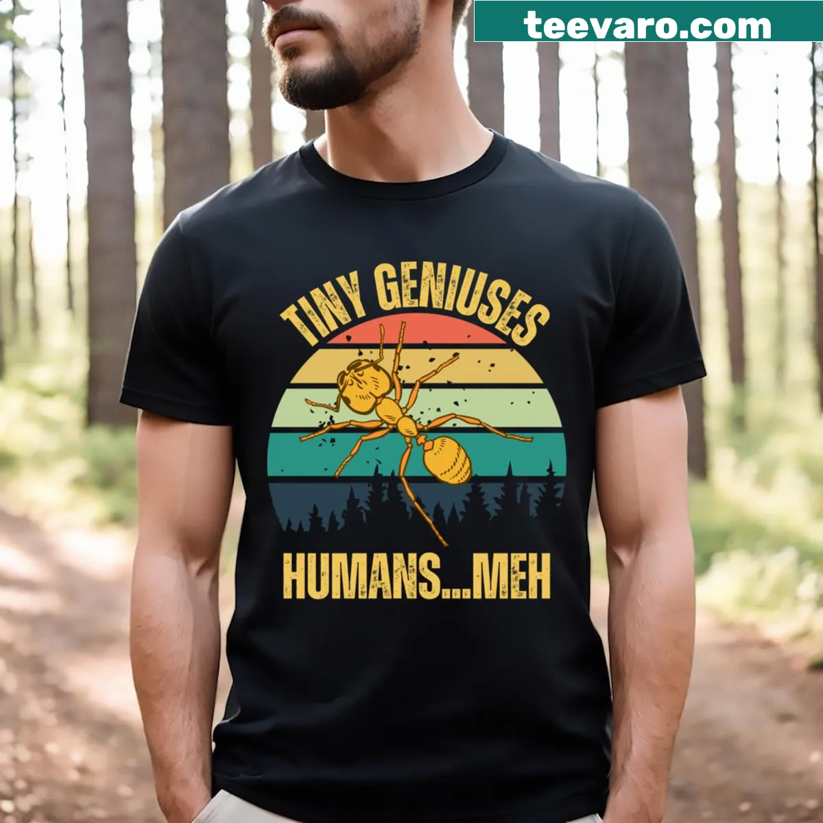 Retro T-shirt design featuring whimsical ants against a sunset. — on a men's t-shirt