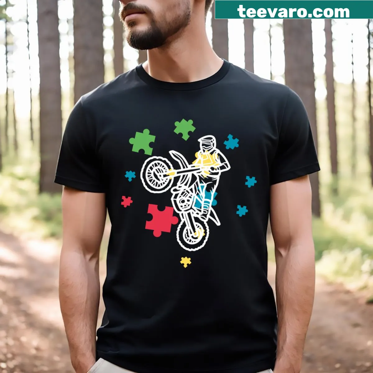 Motocross-themed T-shirt promoting autism awareness with a puzzle graphic. — on a men's t-shirt