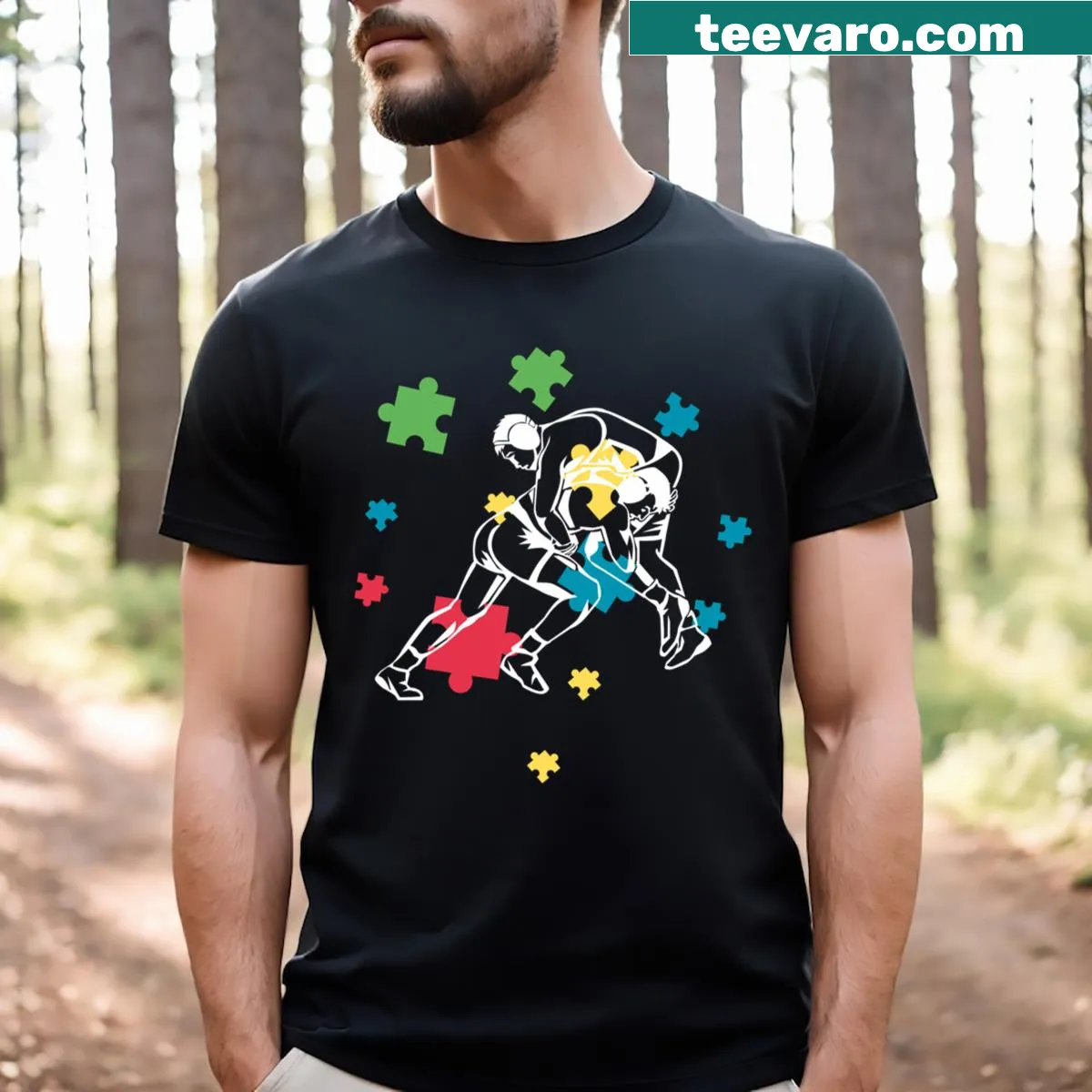 Wrestling puzzle piece design on autism awareness T-shirt — on a men's t-shirt