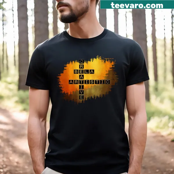 Artistic t-shirt featuring a creative crossword design