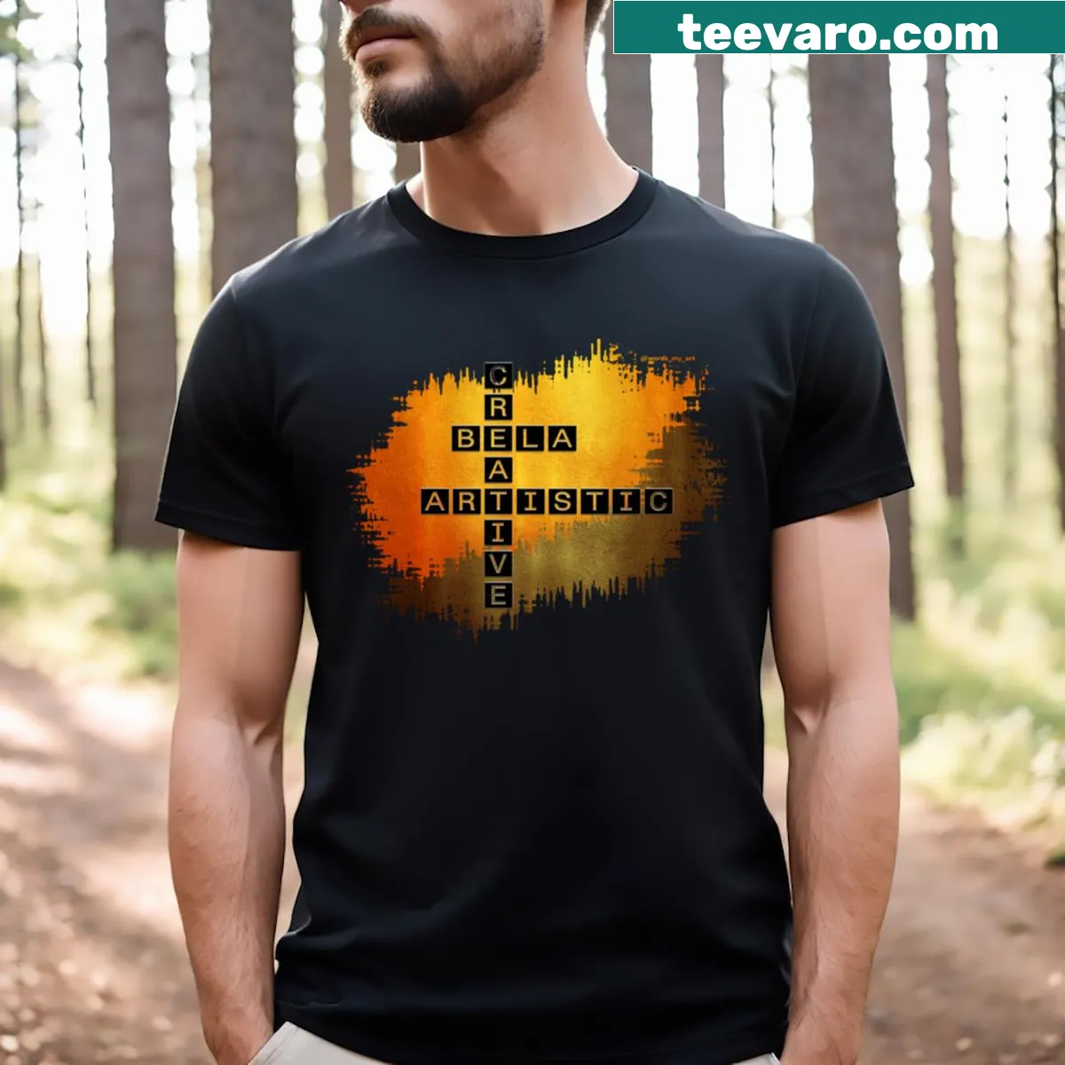 Artistic t-shirt featuring a creative crossword design — on a men's t-shirt