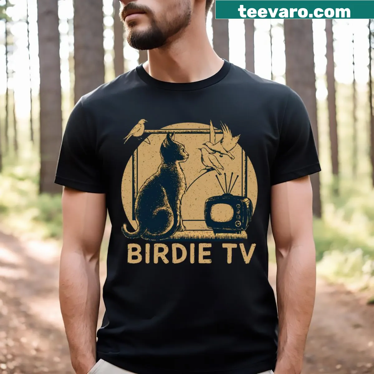 Cartoon graphic T-shirt featuring playful birds — on a men's t-shirt
