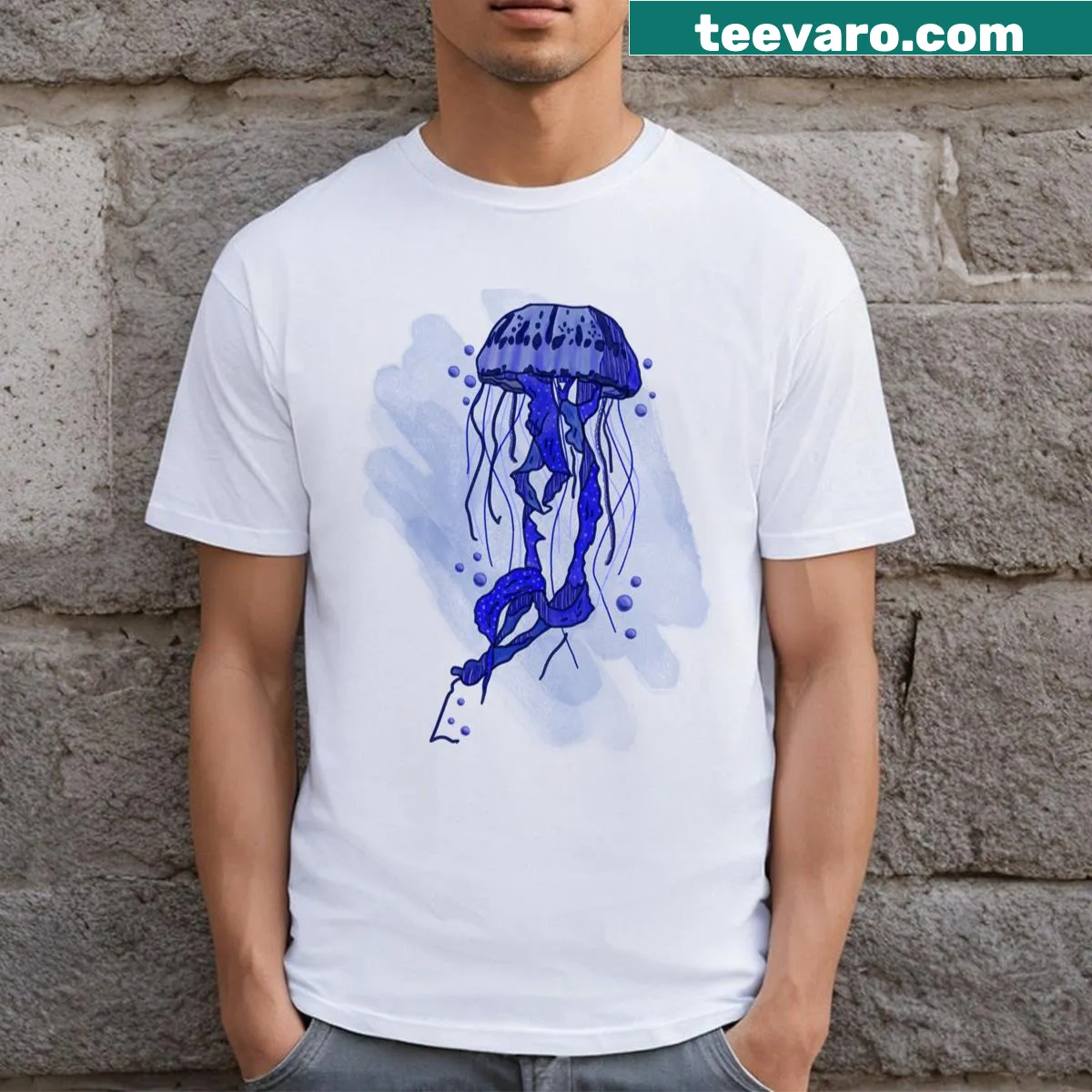 Watercolor T-shirt featuring a jellyfish design — on a men's t-shirt