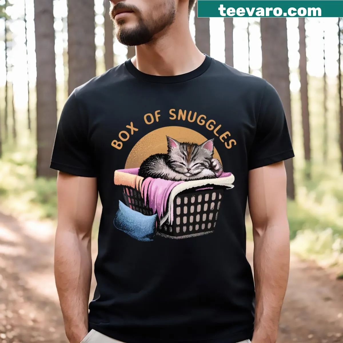 Cute T-shirt with a graphic of a box overflowing with snuggly characters — on a men's t-shirt
