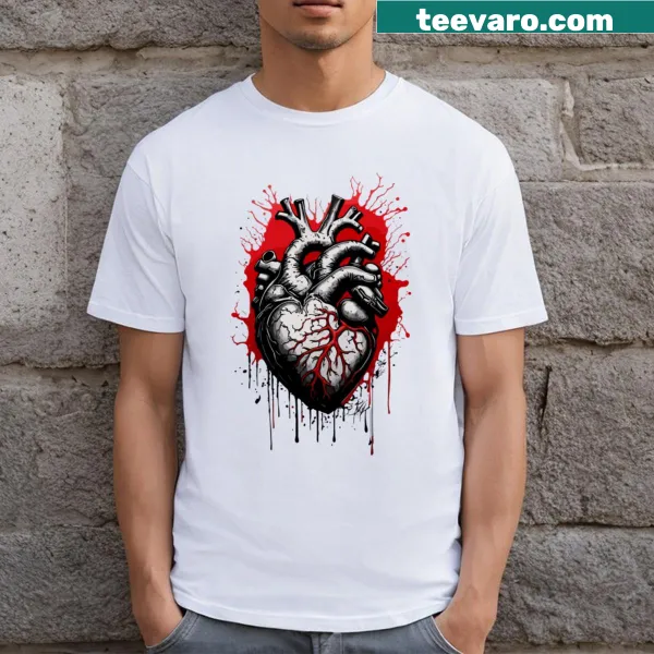 T-shirt with a graphic depicting a broken heart
