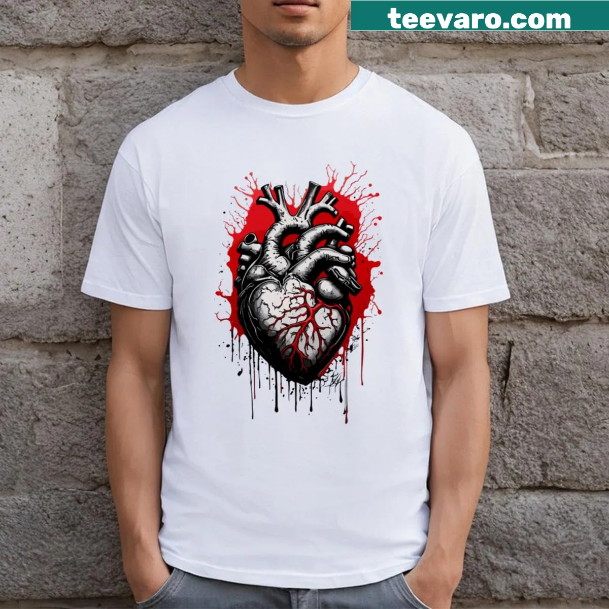 T-shirt with a graphic depicting a broken heart — on a men's t-shirt