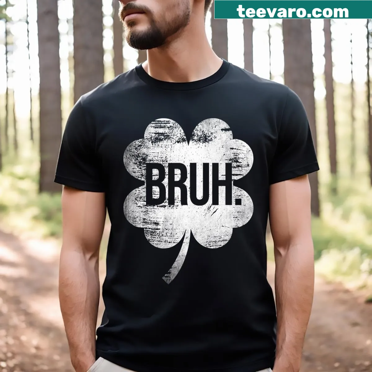 Cartoon shamrock and 'bruh' text on a St. Patrick's Day t-shirt — on a men's t-shirt