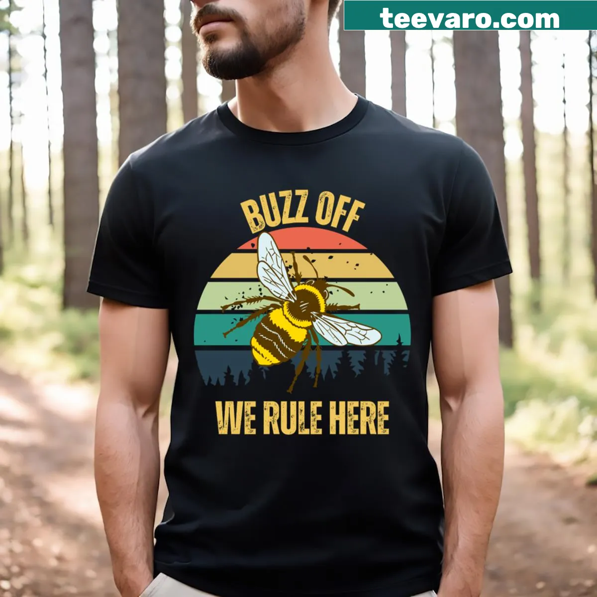 Retro-style T-shirt featuring bumblebees and a sunset theme — on a men's t-shirt