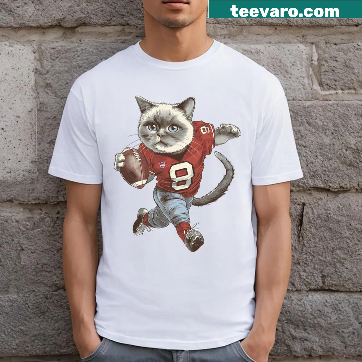 Cartoon cat in football gear on a T-shirt for sports lovers — on a men's t-shirt