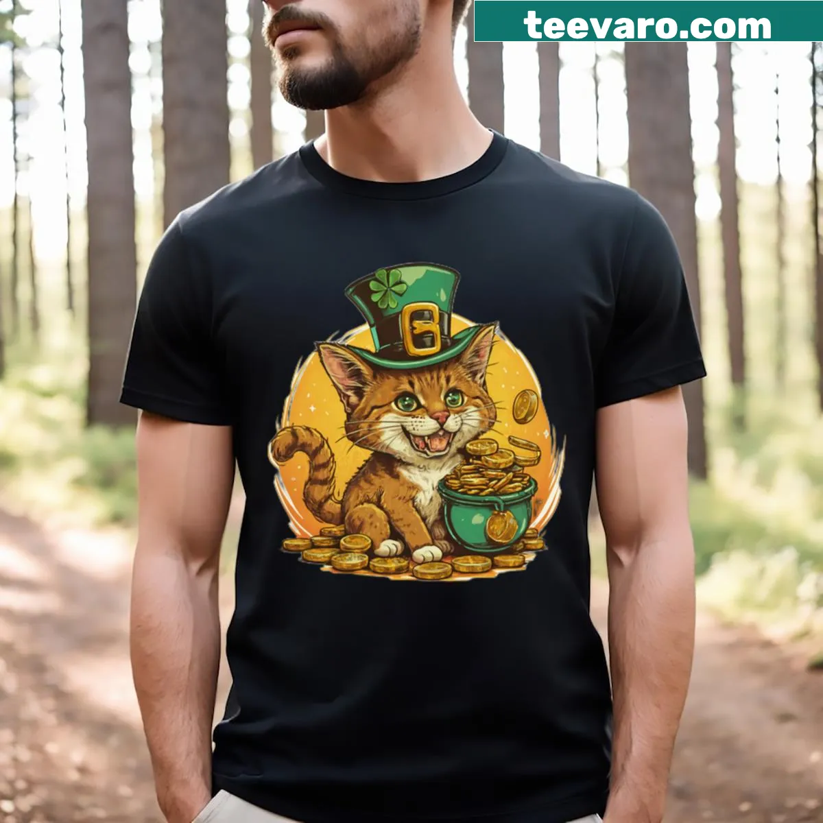 Cute cat wearing a green leprechaun hat on a T-shirt — on a men's t-shirt