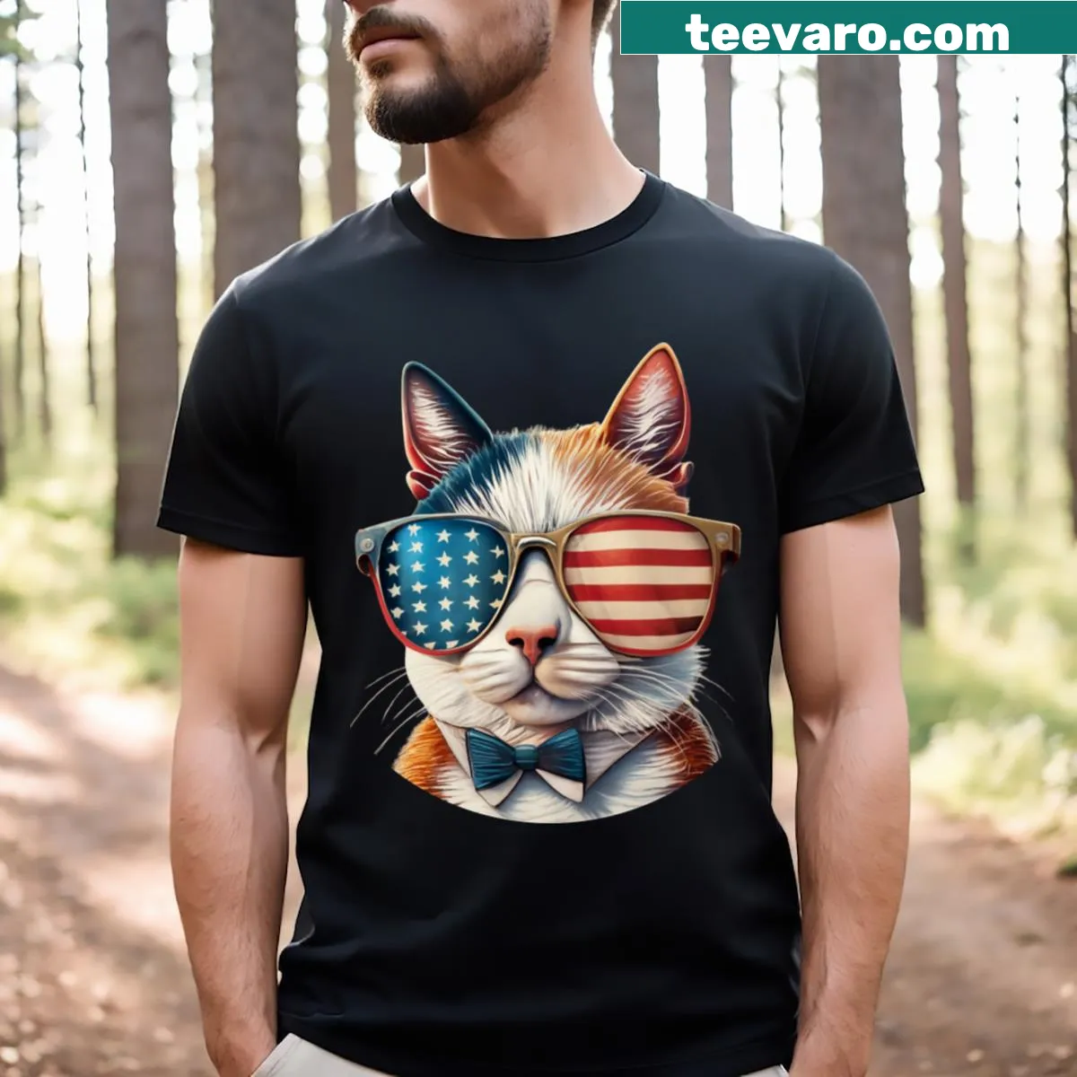 Cat wearing USA flag sunglasses on a T-shirt — on a men's t-shirt