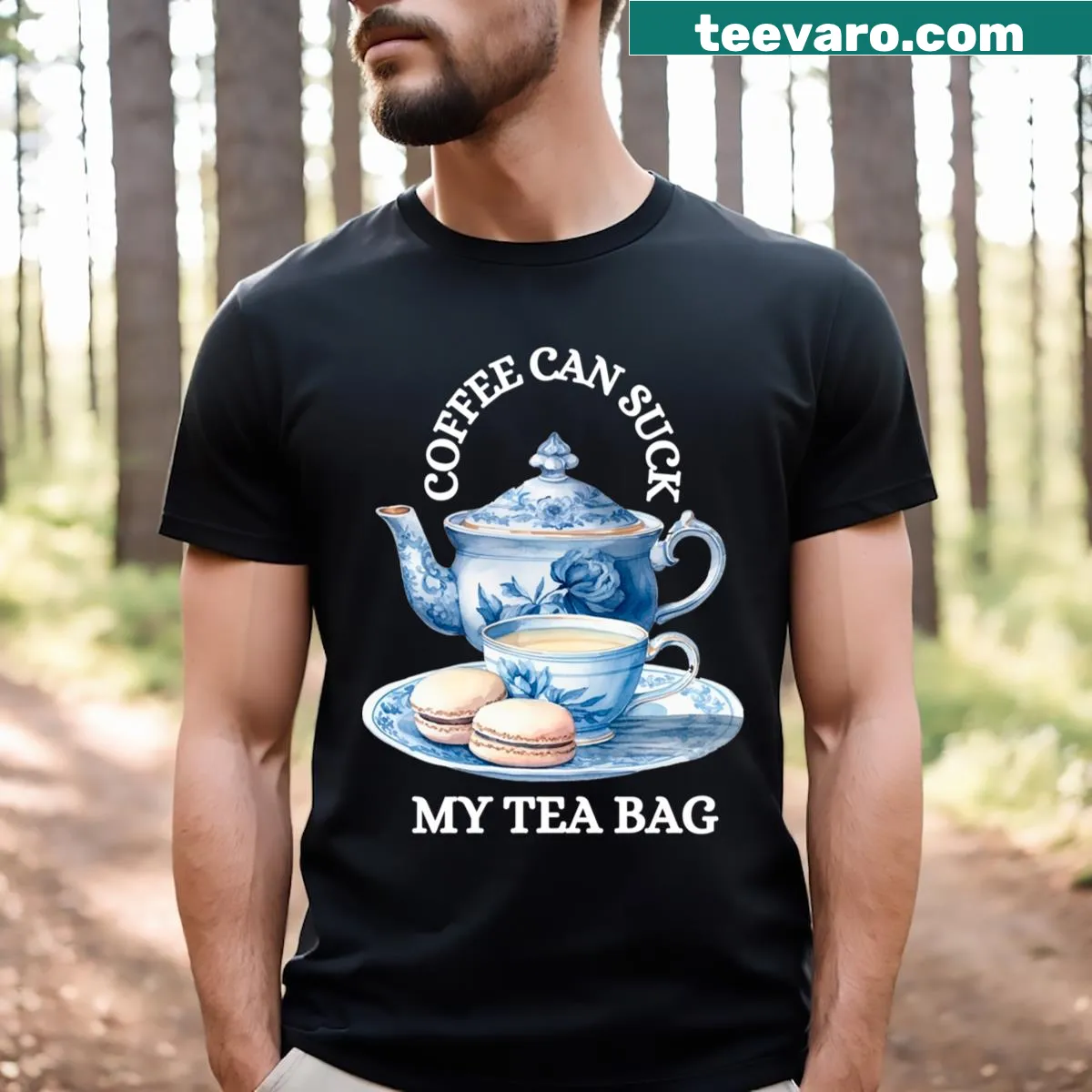 Funny tea lover t-shirt featuring coffee and tea rivalry — on a men's t-shirt