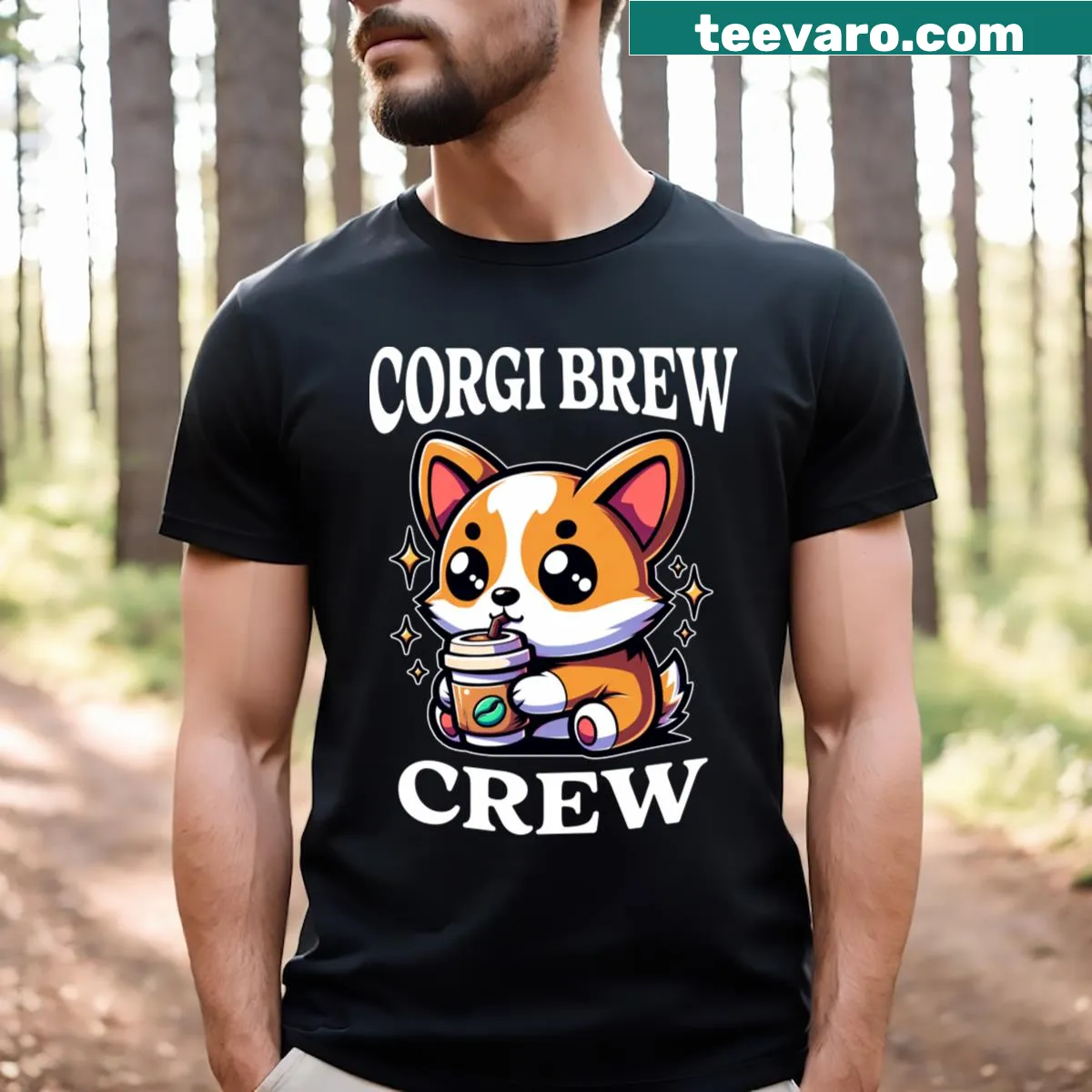 Dog lover t-shirt featuring corgis and coffee theme — on a men's t-shirt