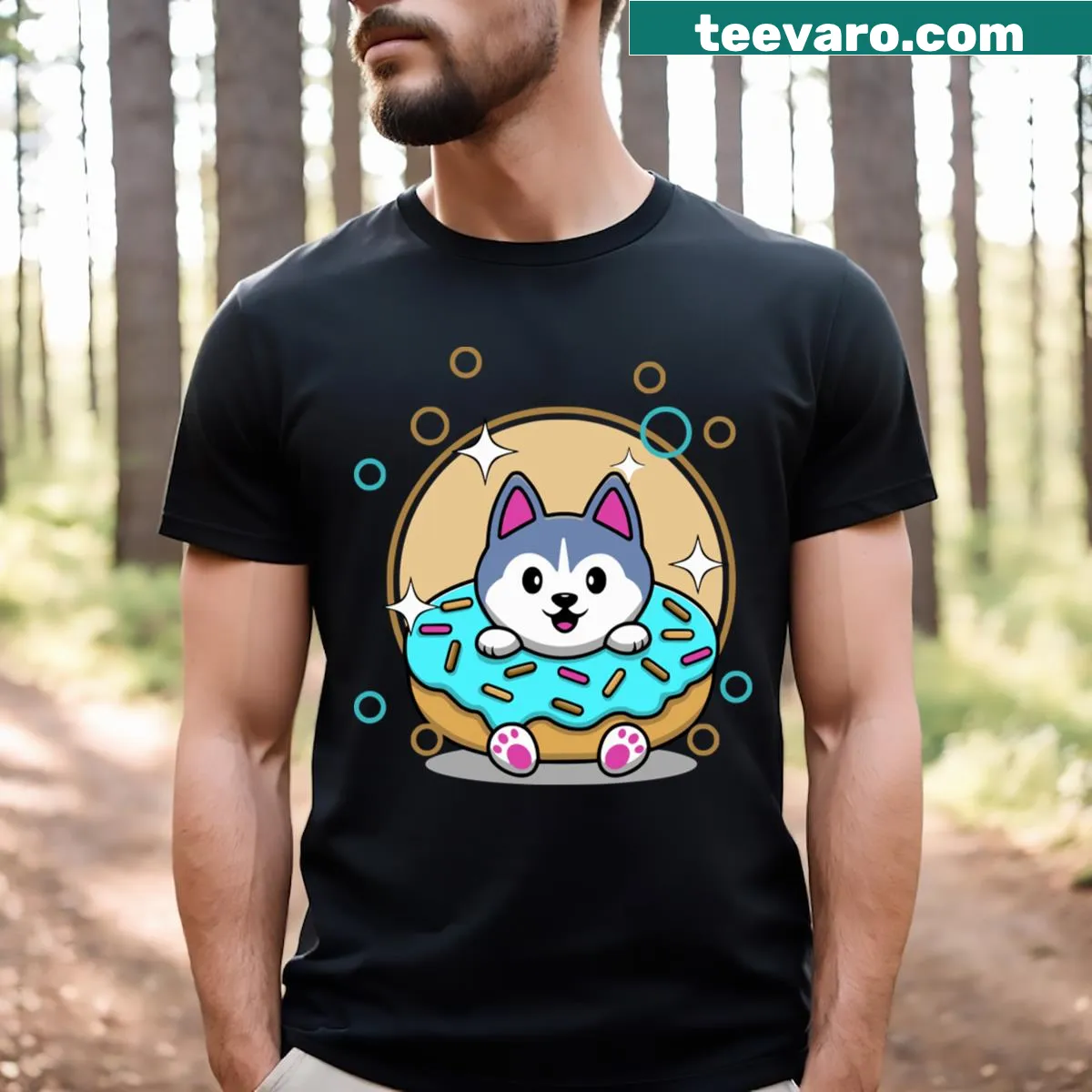 Adorable illustration of a husky puppy in a donut on a t-shirt — on a men's t-shirt
