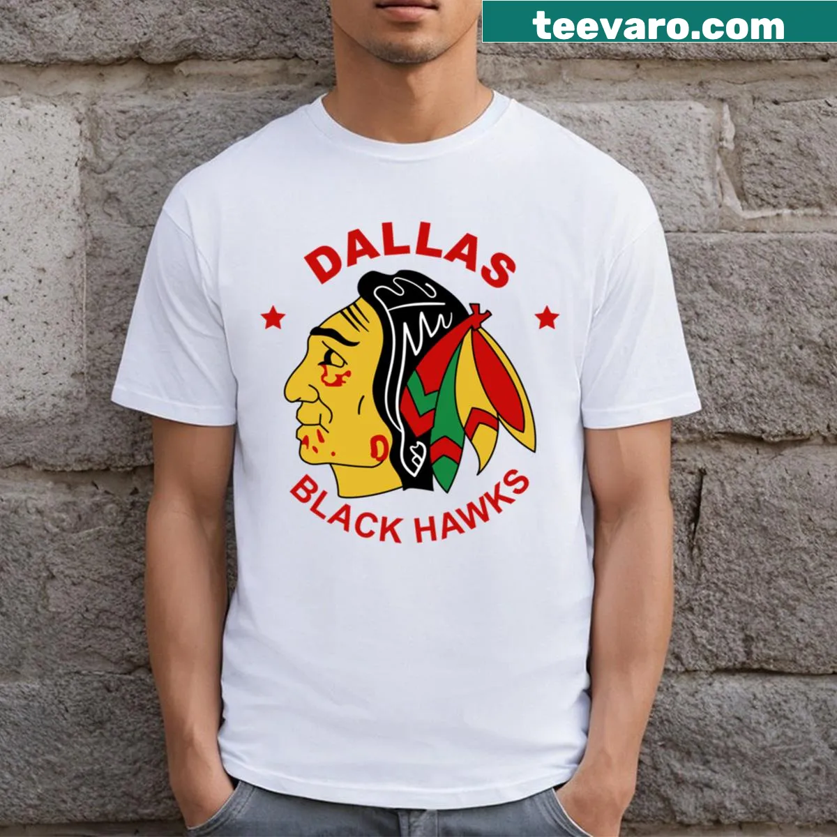 Vintage graphic of the Dallas Black Hawks on a T-shirt — on a men's t-shirt
