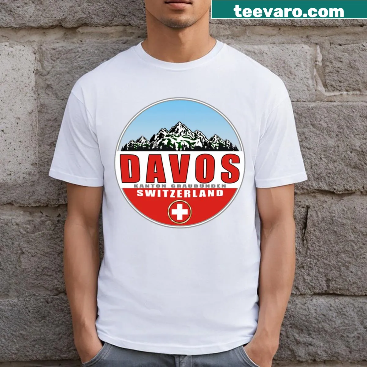Minimalist emblem design representing Davos Switzerland on a T-shirt — on a men's t-shirt