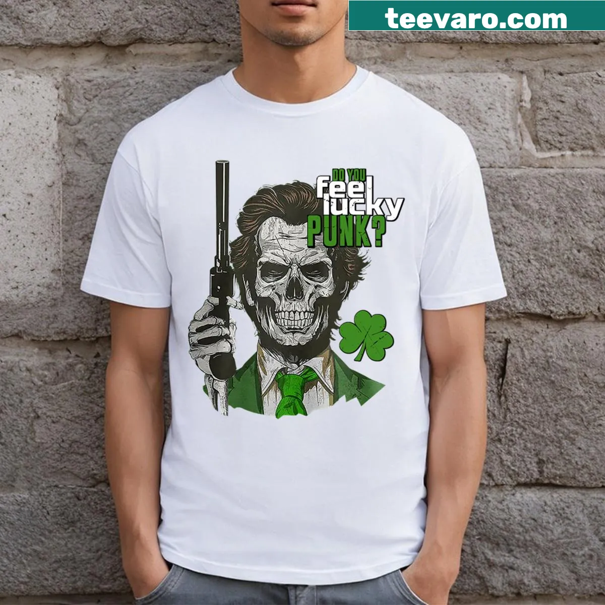 Funny St. Patrick's Day t-shirt with bold text asking if you feel lucky — on a men's t-shirt